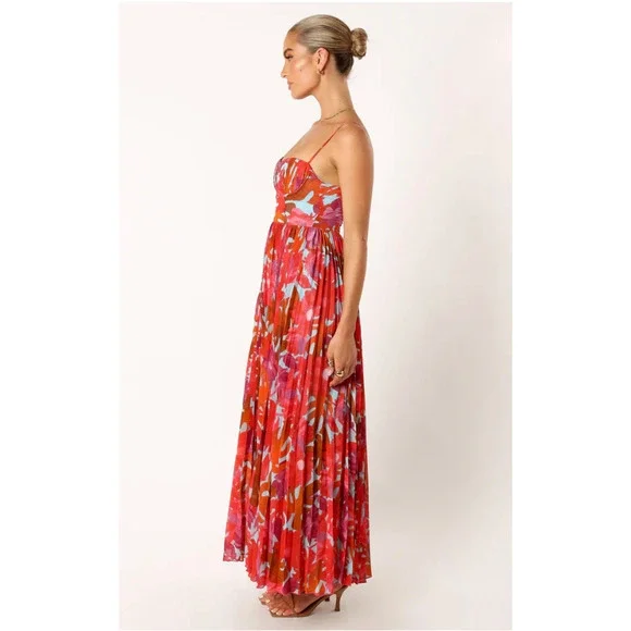 Petal & Pup Red Pink Orange Floral Pleated Maxi Dress - Picture 8 of 14